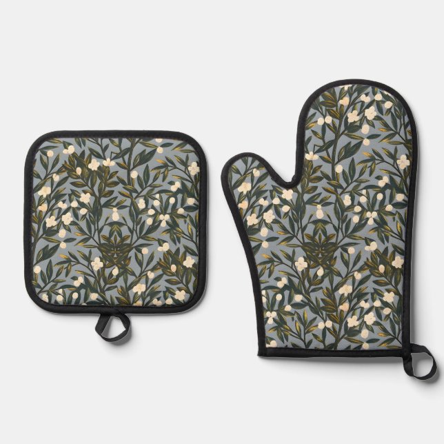 Floral pattern on  dusty blue-gray background oven mitt & pot holder set (Front)