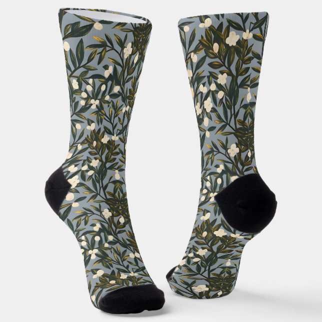 Floral pattern on  dusty blue-gray background socks (Angled)
