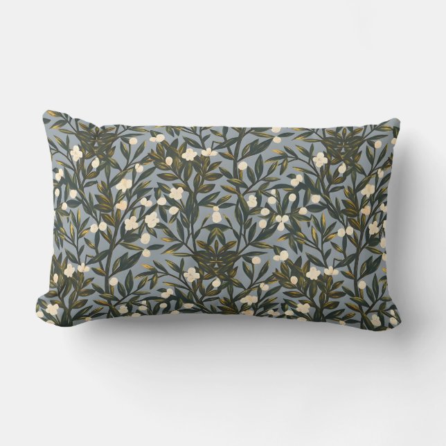 Floral pattern on  dusty blue-grey background lumbar cushion (Front)