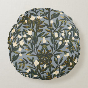 Floral pattern on dusty blue-grey background round cushion