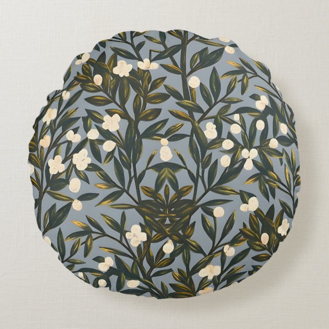 Floral pattern on  dusty blue-grey background round cushion (Front)