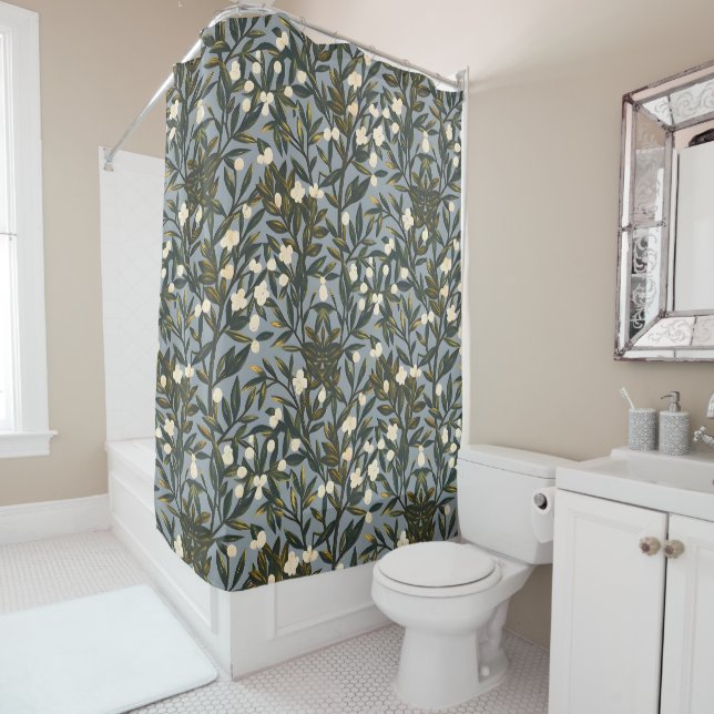 Floral pattern on  dusty blue-grey background shower curtain (In Situ)