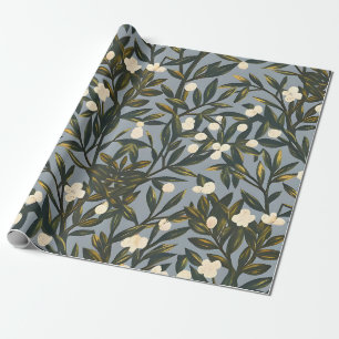 Floral pattern on  dusty blue-grey background wrapping paper