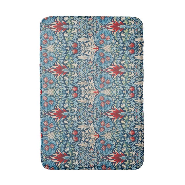 Floral pattern on green leaves blue background bath mat (Front Vertical)