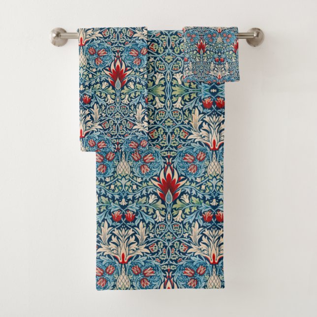 Floral pattern on green leaves blue background bath towel set (Insitu)