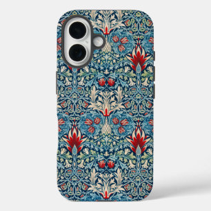 Floral pattern on green leaves blue background iPhone 16 case