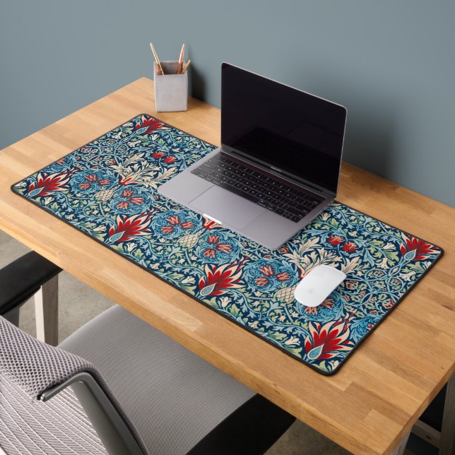 Floral pattern on green leaves blue background desk mat (Office 2)