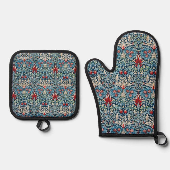 Floral pattern on green leaves blue background oven mitt & pot holder set (Front)