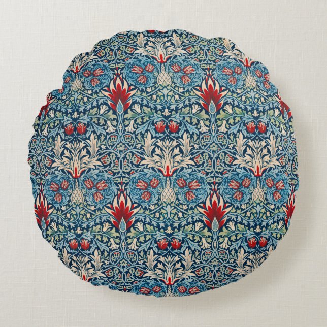 Floral pattern on green leaves blue background round cushion (Front)
