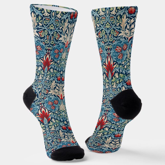 Floral pattern on green leaves blue background socks (Angled)