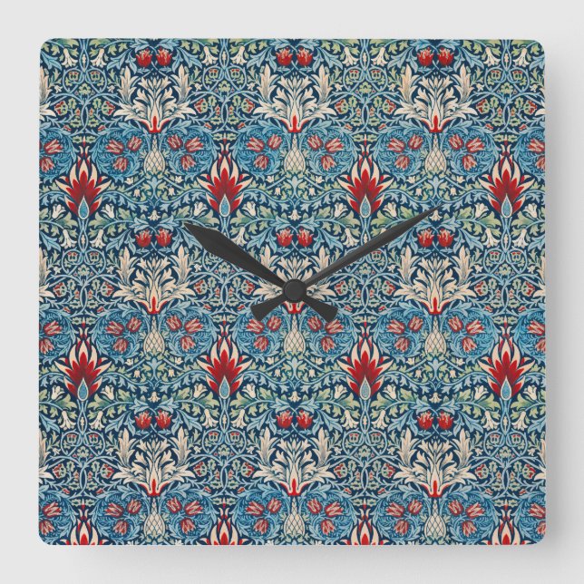 Floral pattern on green leaves blue background square wall clock (Front)