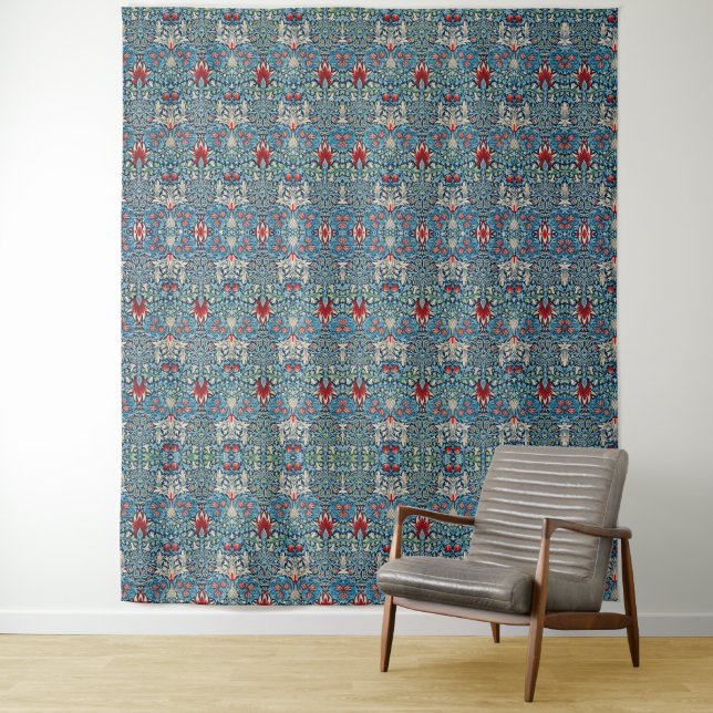 Floral pattern on green leaves blue background tapestry (In Situ)