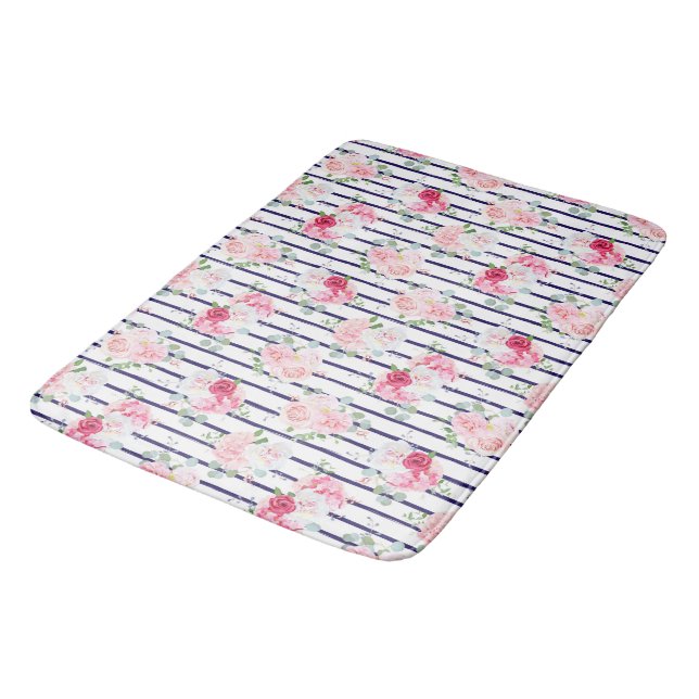Floral Pattern on Horizontal Stripe Roses Peony   Bath Mat (Angled)
