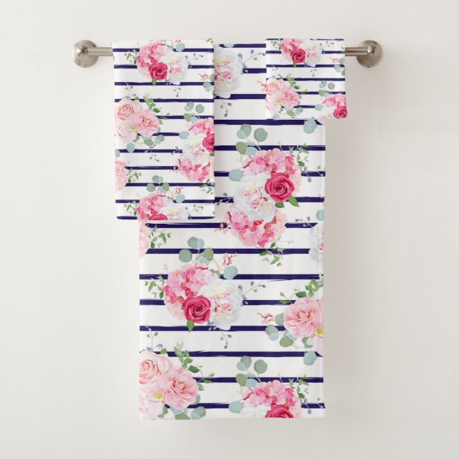 Floral Pattern on Horizontal Stripe Roses Peony   Bath Towel Set (Insitu)