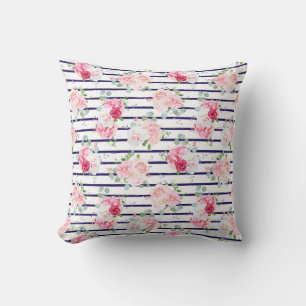 Floral Pattern on Horizontal Stripe Roses Peony   Cushion