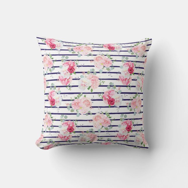 Floral Pattern on Horizontal Stripe Roses Peony   Cushion (Front)
