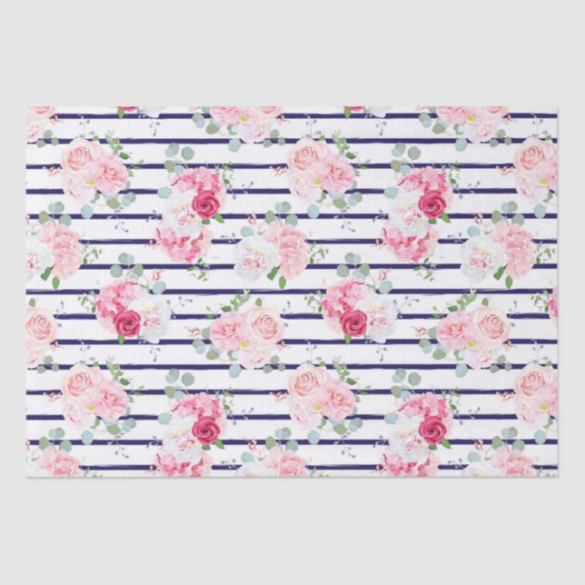 Floral Pattern on Horizontal Stripe Roses Peony    Tissue Paper (Front)
