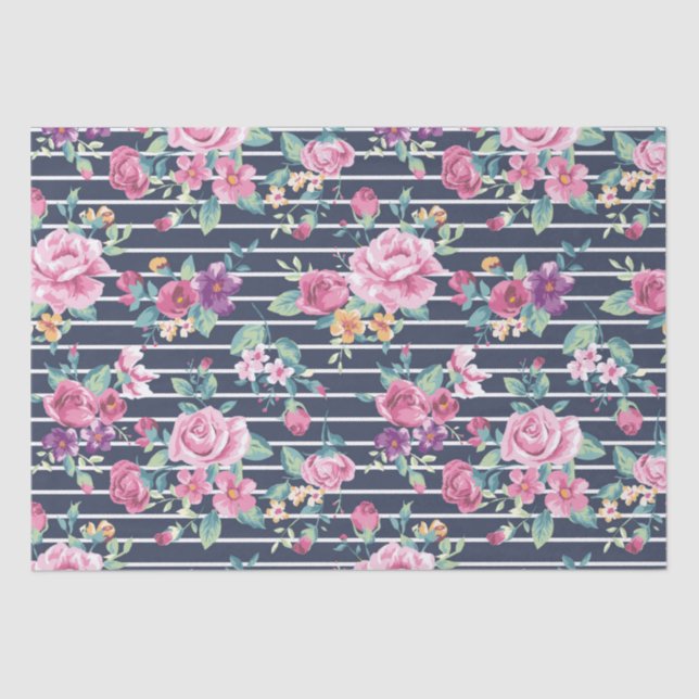 Floral Pattern on Stripe Roses Foliage Pink Purple Tissue Paper (Front)