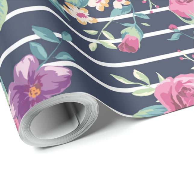 Floral Pattern on Stripe Roses Foliage Pink Purple Wrapping Paper (Roll Corner)