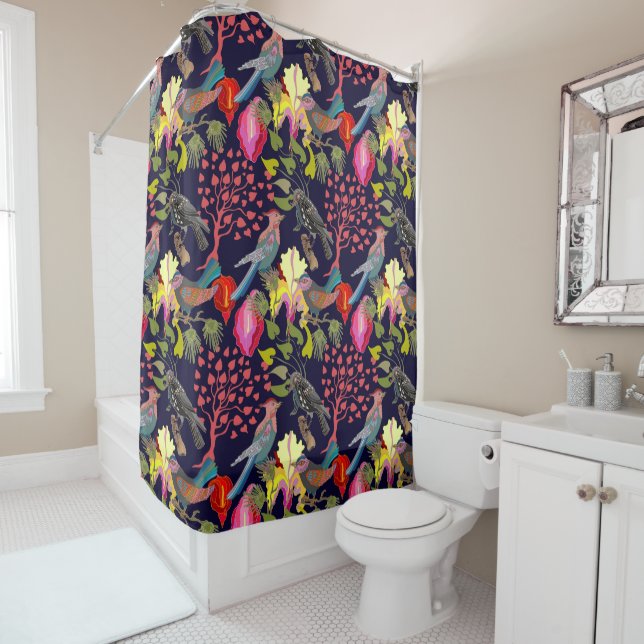 Floral Pattern Paradise Birds and Blooming Trees Shower Curtain (In Situ)