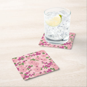 Floral pattern, pastel violet and pink, square paper coaster