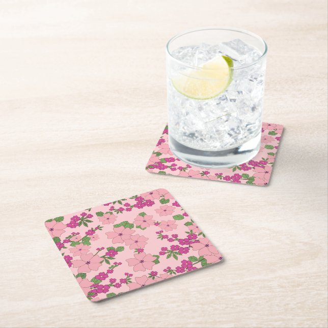 Floral pattern, pastel violet and pink, square paper coaster (Insitu)