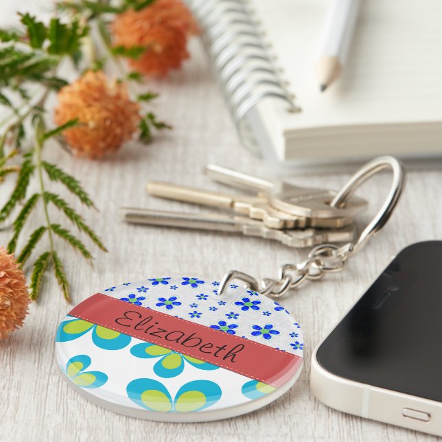 Floral Pattern, Pattern Of Flowers, Your Name Key Ring (Front Right)