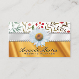 Floral Pattern Pearls and Gold Silk Drapery Business Card