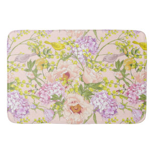 Floral Pattern Peony Mimosa Hydrangea Roses Birds Bath Mat