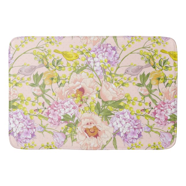 Floral Pattern Peony Mimosa Hydrangea Roses Birds Bath Mat (Front)
