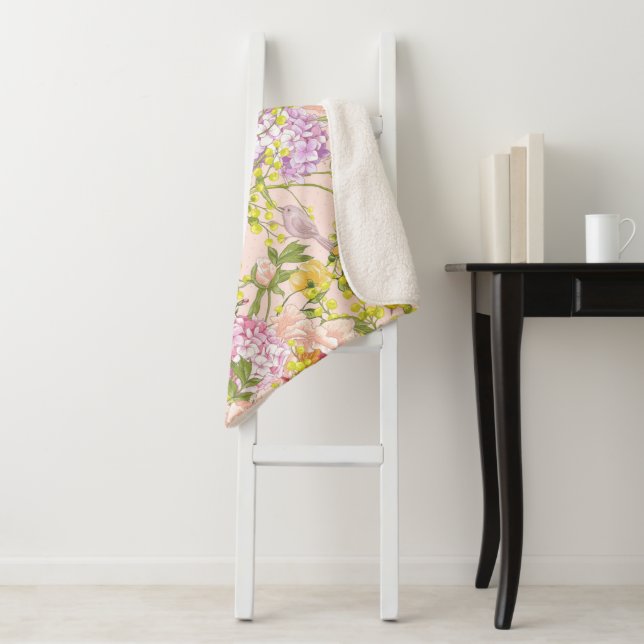 Floral Pattern Peony Mimosa Hydrangea Roses Birds  Sherpa Blanket (In Situ)