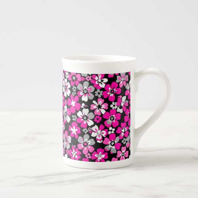 Floral Pattern Pink Gray White Black  Bone China Mug (Right)