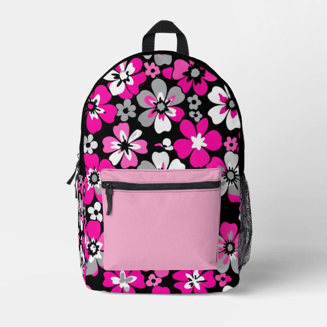 Floral Pattern Pink Gray White Black  Printed Backpack (Front)