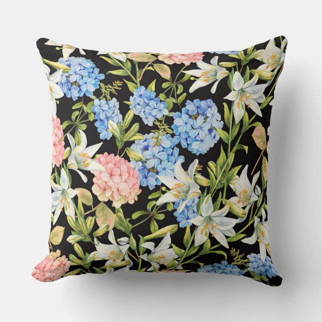 Floral Pattern Pink Hydrangea Blue Jasmine Foliage Cushion (Front)