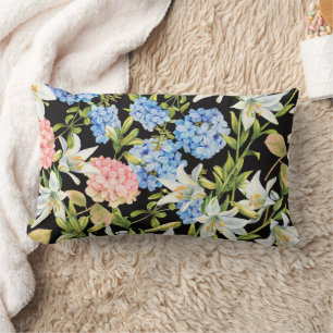 Floral Pattern Pink Hydrangea Blue Jasmine Foliage Lumbar Cushion
