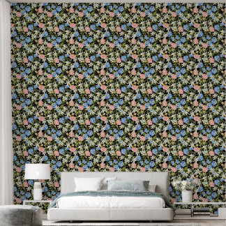 Floral Pattern Pink Hydrangea Blue Jasmine Foliage Wallpaper