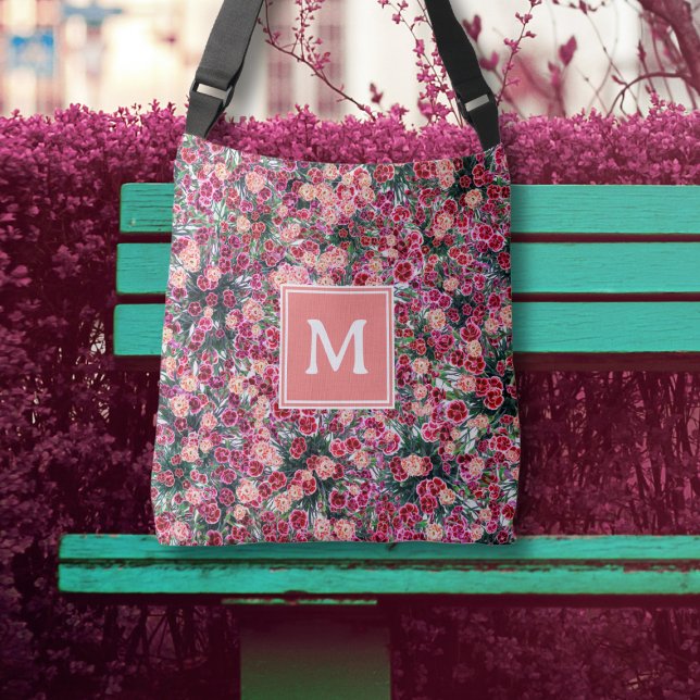 Floral pattern pink red peach monogram tote bag (Creator Uploaded)