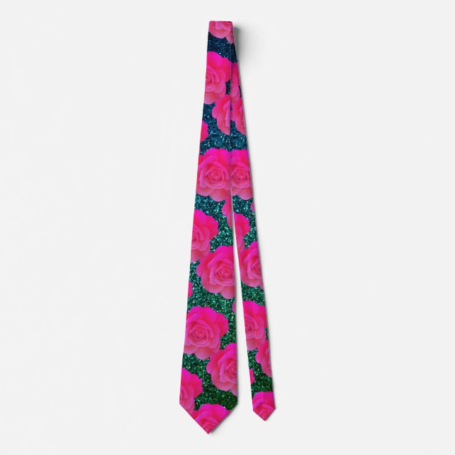 Floral Pattern Pink Rose Blue Green Glitter Gift Tie (Front)