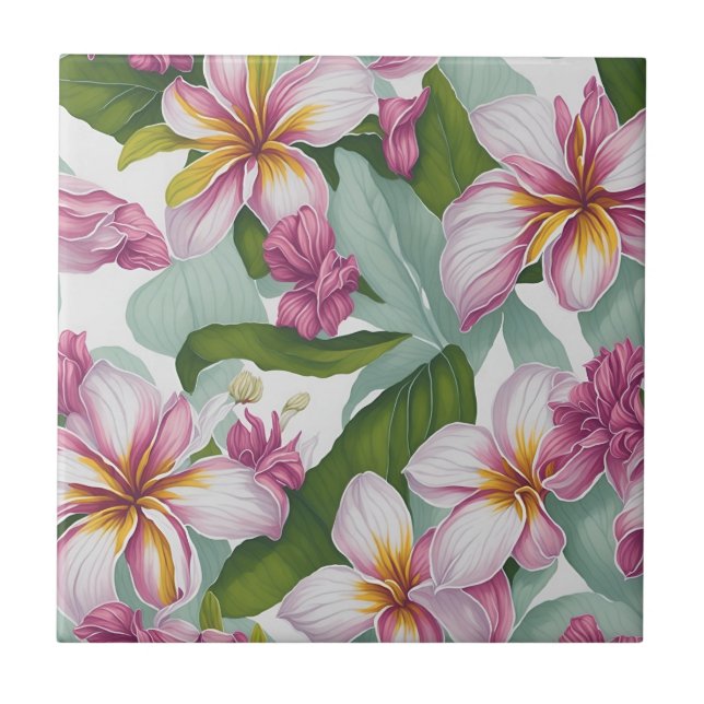 Floral Pattern Plumeria Flowers Ceramic Tile (Front)