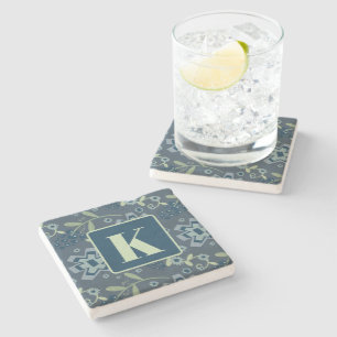 Floral Pattern Pretty Custom Initial  Stone Coaster
