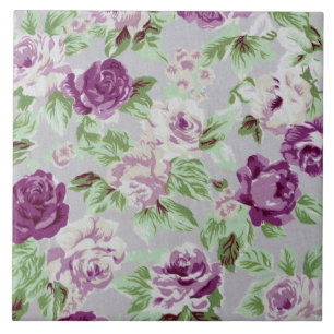 Floral Pattern Purple Flowers Green Foliage Ceramic Tile
