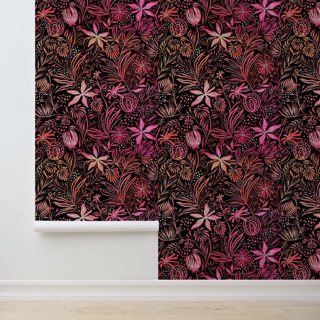 Floral Pattern Retro Black Pink Wallpaper (Application)