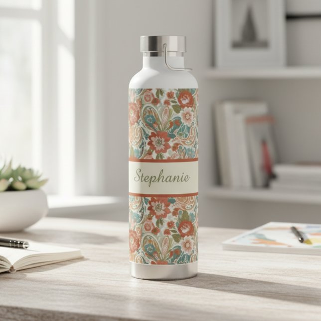 Floral pattern retro rust teal water bottle (Boho heirloom floral personalized water bottle)