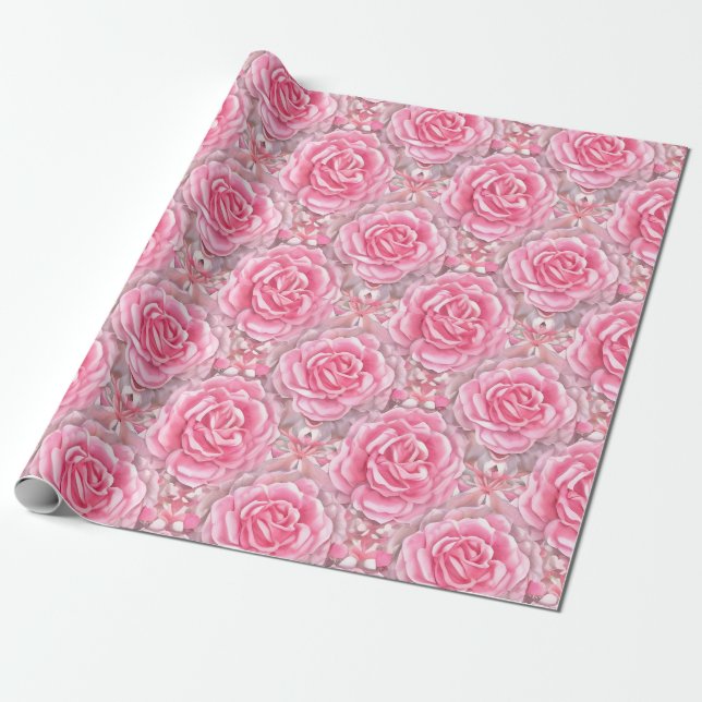 Floral Pattern Rose Flowers Wrapping Paper (Unrolled)