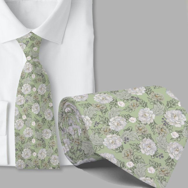 Floral Pattern Sage Green Flowers Necktie (Creator Uploaded)