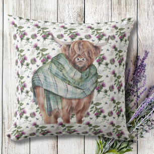 Floral Pattern Scottish Thistle Highland Cow White Cushion