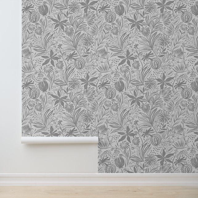 Floral Pattern Silver Shades of Grey Print Wallpaper (Application)