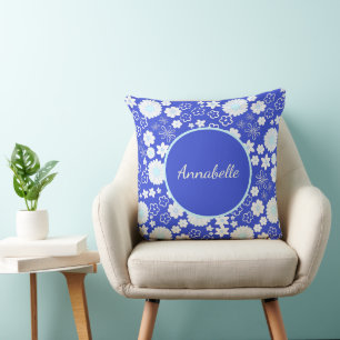 FLORAL PATTERN SMALL FLOWERS BLUE CREAM NAME CUSHION