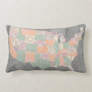 Floral Pattern States Map Lumbar Cushion