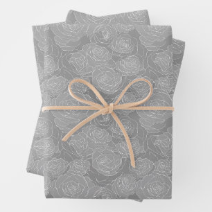 Floral Pattern   Steel Grey Roses Wrapping Paper Sheet